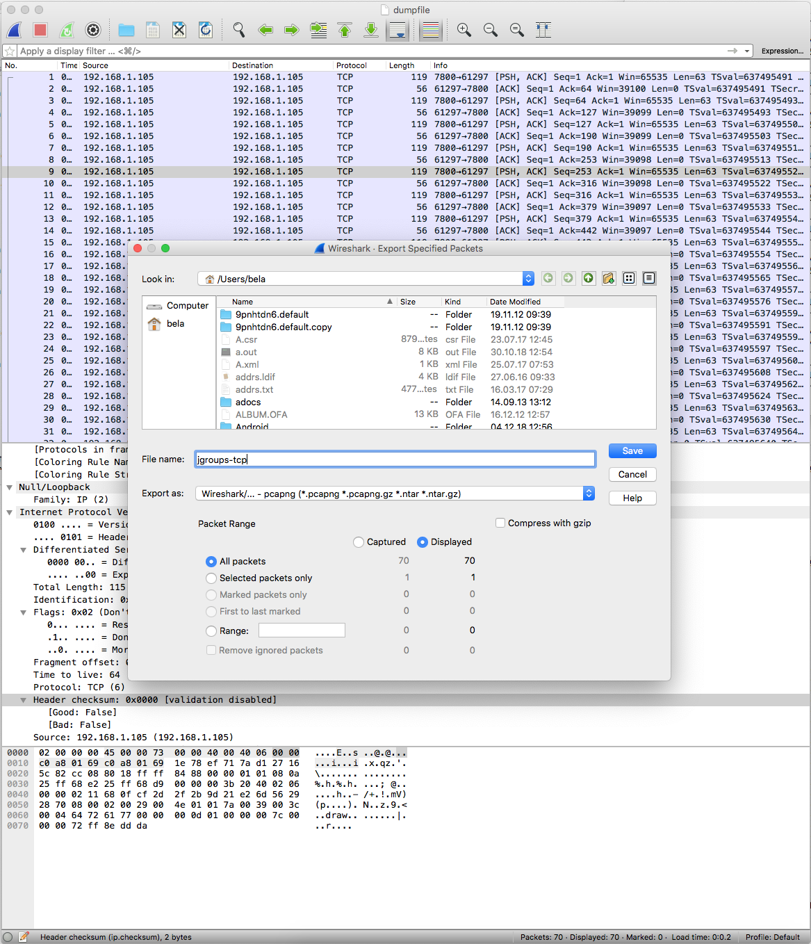 Exporting selected packets in wireshark